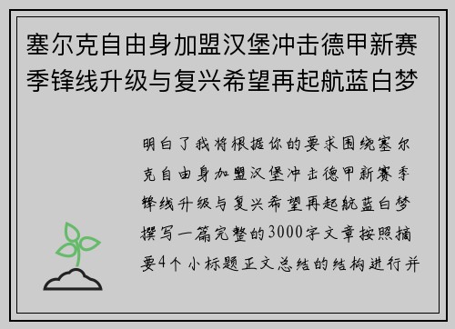 塞尔克自由身加盟汉堡冲击德甲新赛季锋线升级与复兴希望再起航蓝白梦