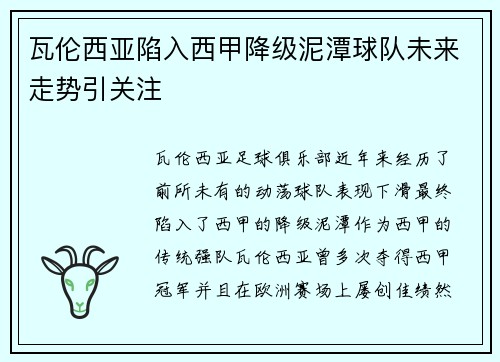 瓦伦西亚陷入西甲降级泥潭球队未来走势引关注